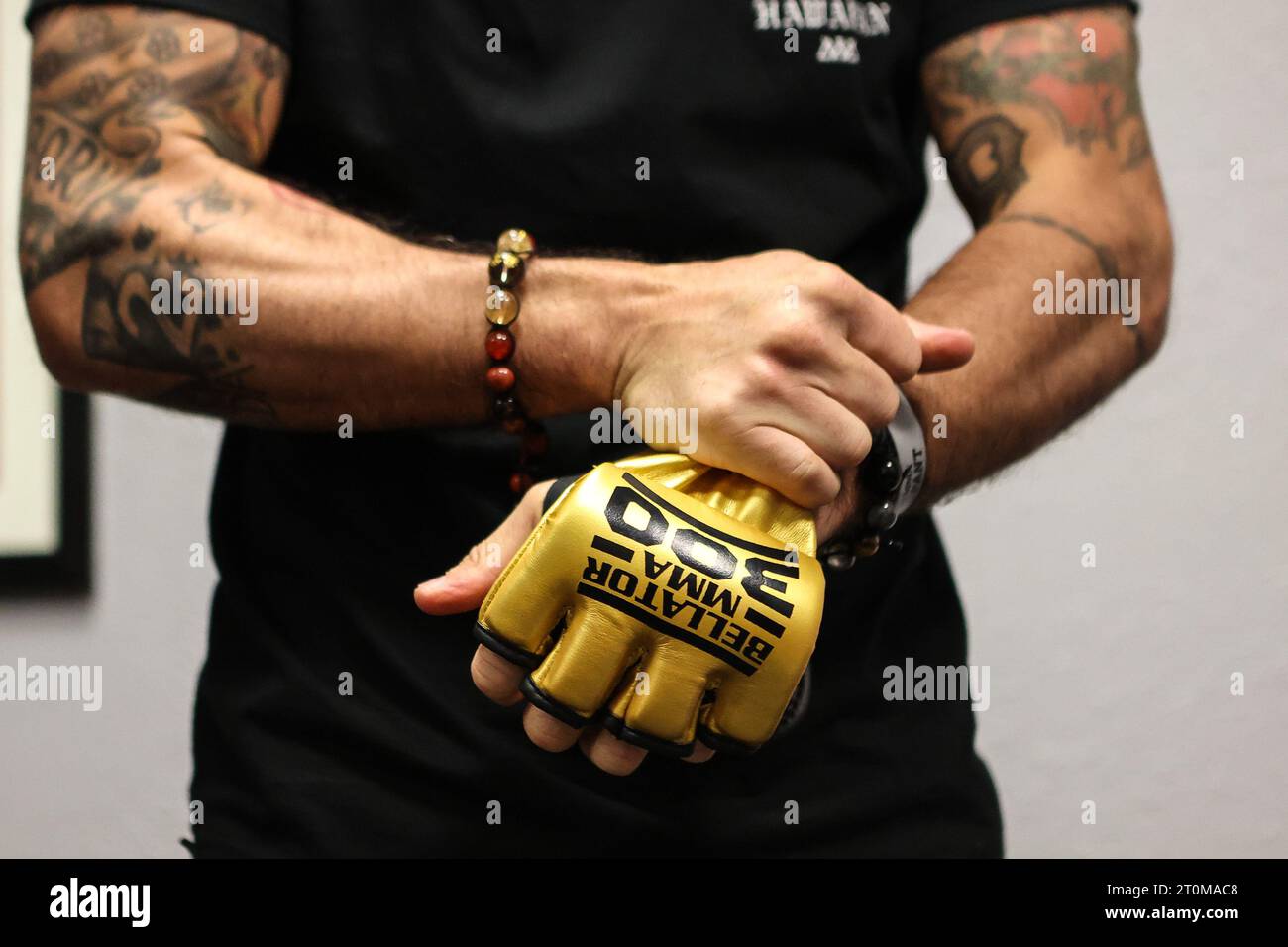 October 7, 2023: Bellator MMA 300 special edition gold gloves on