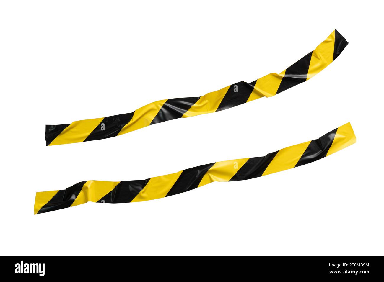 Non straight yellow and black barricade tape on white background with ...