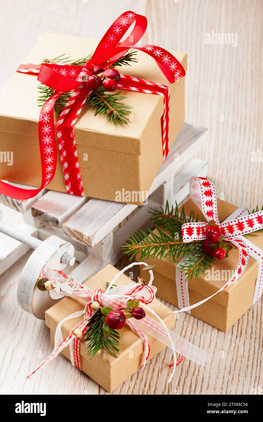 Christmas gift boxes with decoration Stock Photo - Alamy
