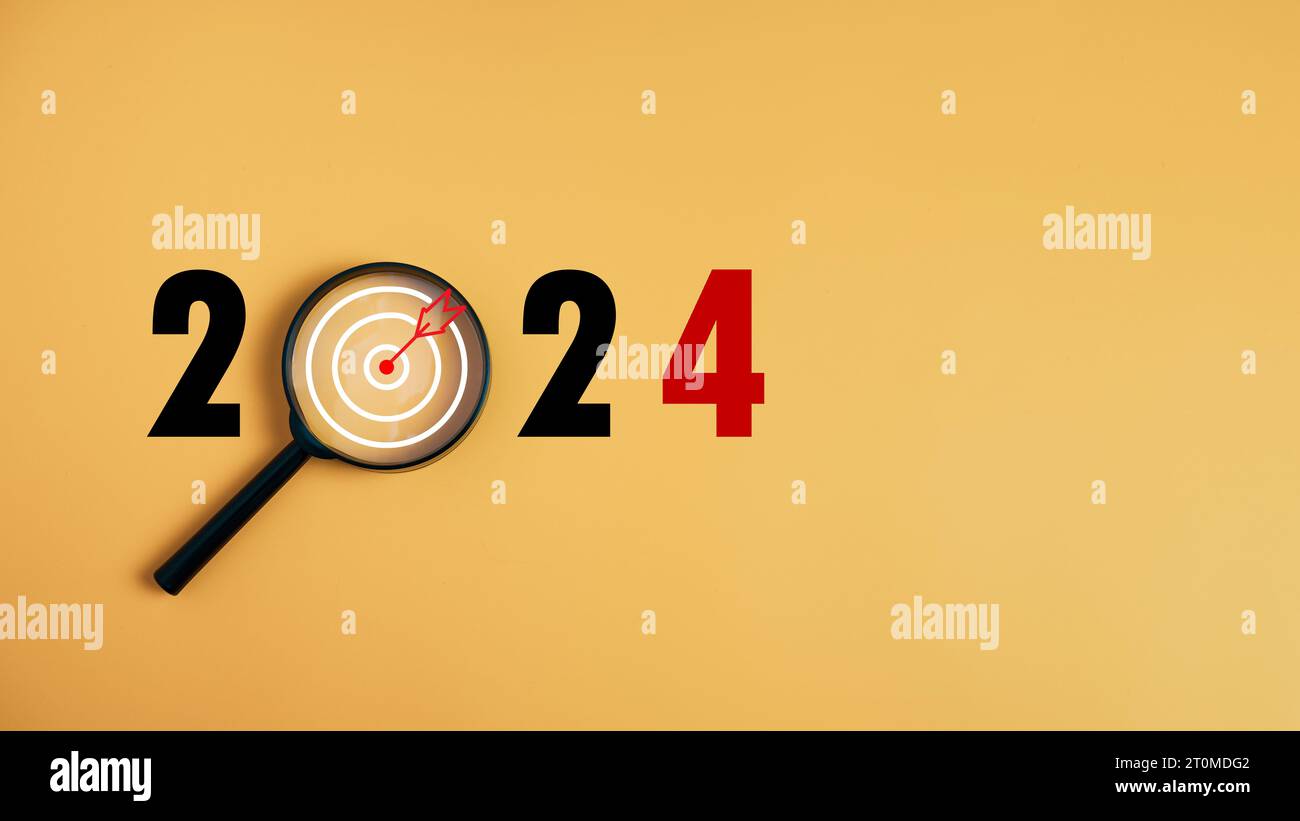 The dartboard icon in a magnifying glass centered on the number 2024 on ...