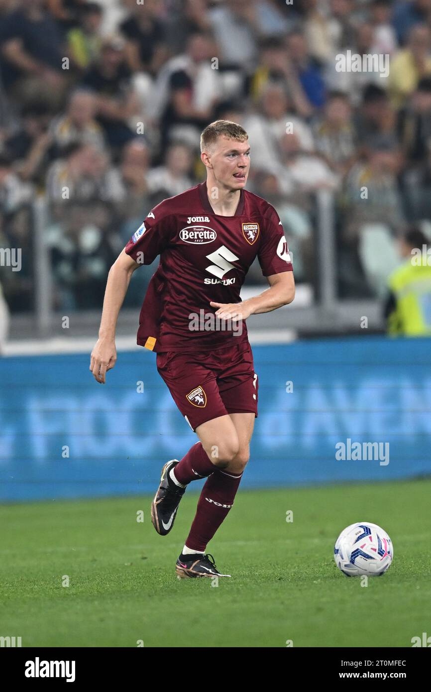 Perr Schuurs of Torino FC seen in action during Serie A 2023/24 football  match between Torino FC and AS Roma at Stadio Olimpico Grande Torino.  (Final scores; Torino 1