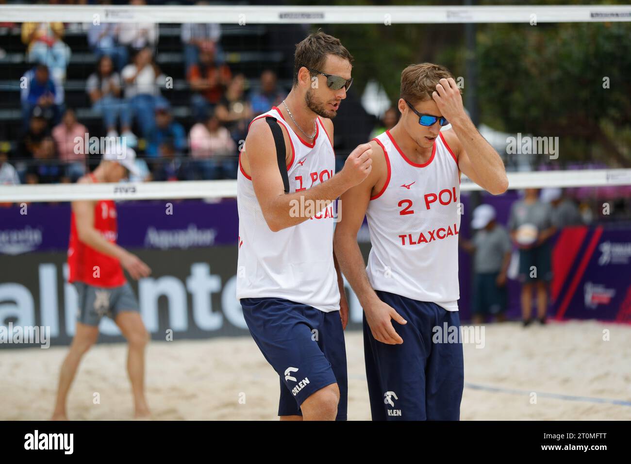October 7, 2023. Tlaxcala, Mexico: Jakub Zdybek and Piotr Kantor of Poland In Action During The Men's Volleyvall Match between Poland and United States of Beach Volleyball World Cup. On October 7, 2023 In Tlaxcala, Mexico (Credit Image: © Essene Hernandez/eyepix via ZUMA Press Wire) EDITORIAL USAGE ONLY! Not for Commercial USAGE! Stock Photo