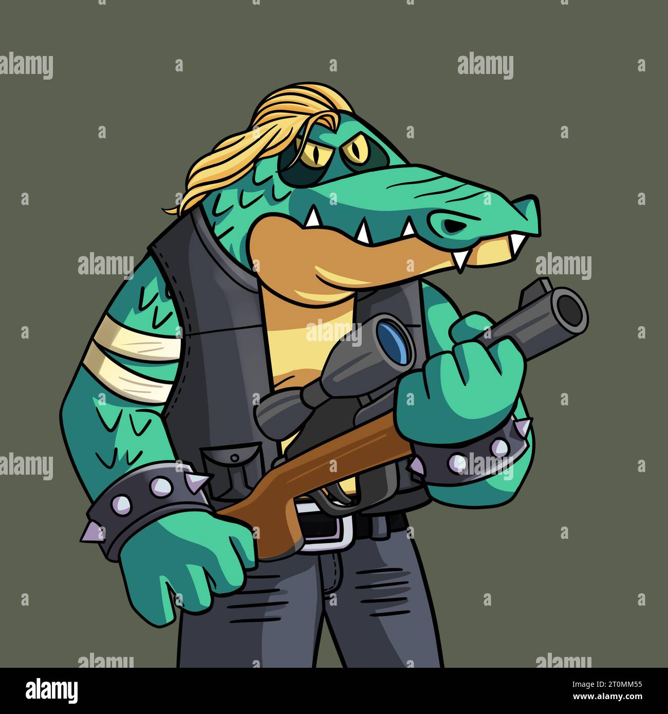 A cartoon gangster crocodile with a sniper rifle and wearing a black leather biker gang jacket and a trouser Stock Photo