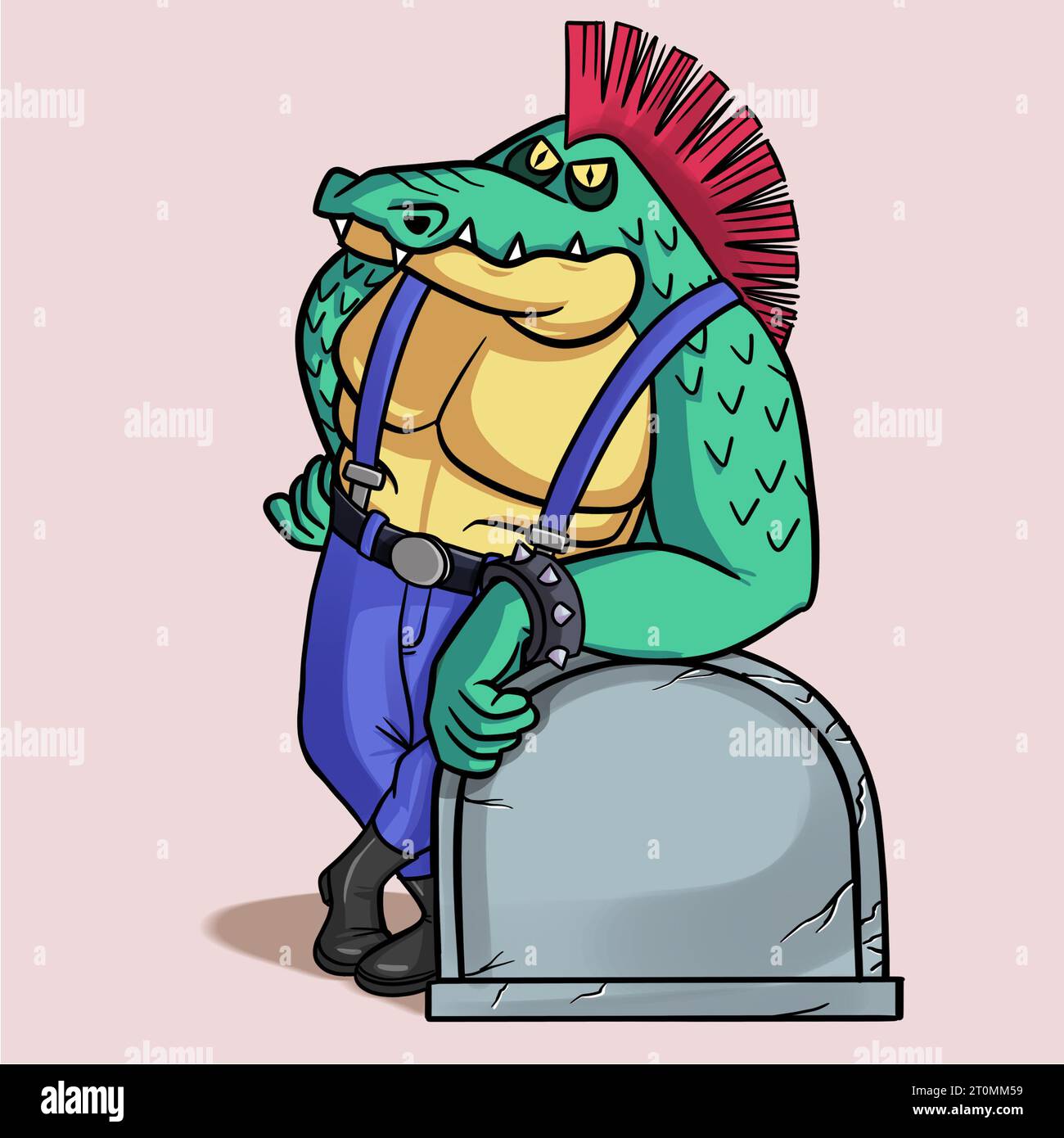 Cartoon gangster crocodile with a red mohawk standing near a tombstone Stock Photo