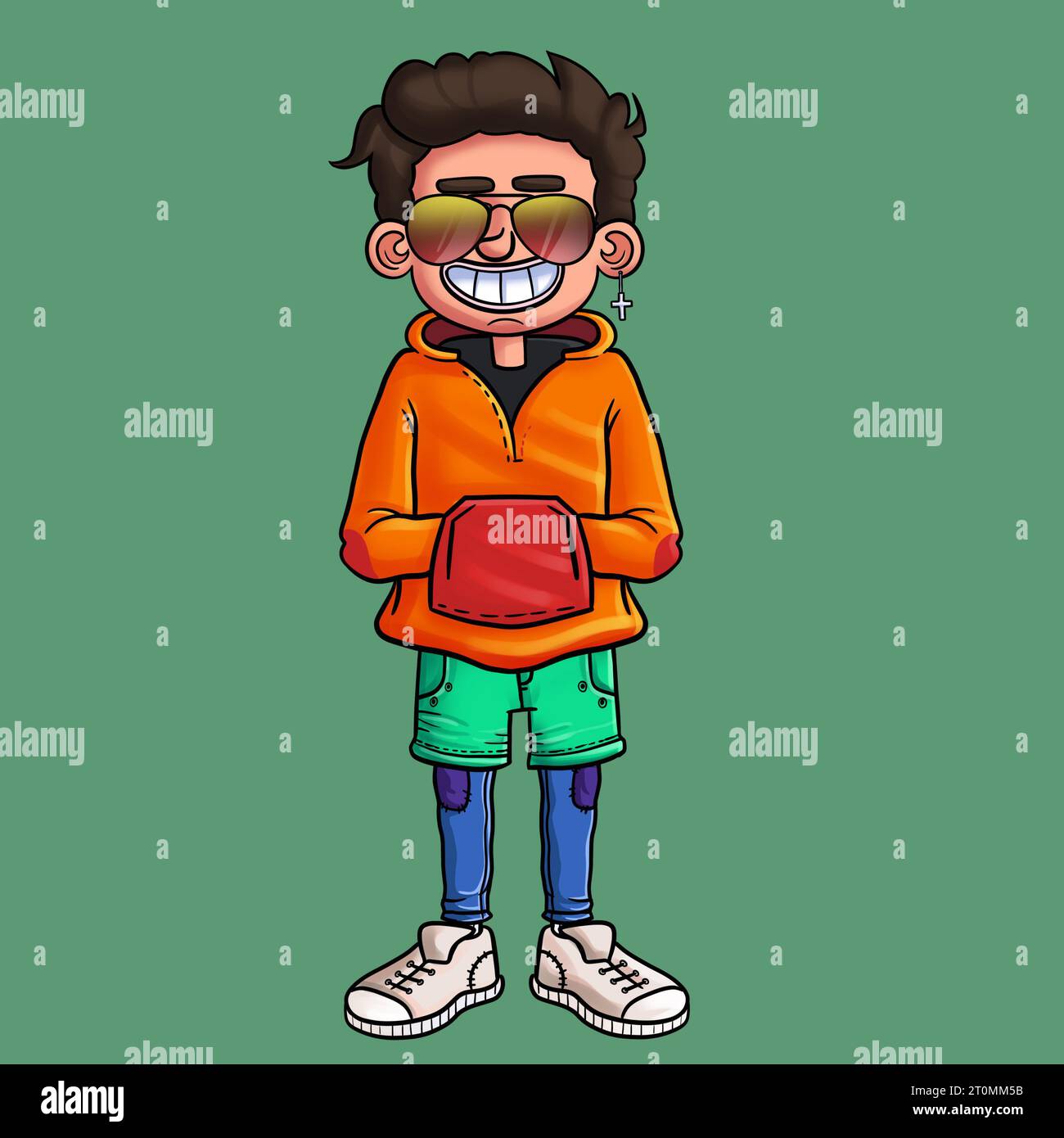Doodle style cool and stylish cartoon teenager with an orange color hoodie and sunglasses Stock Photo