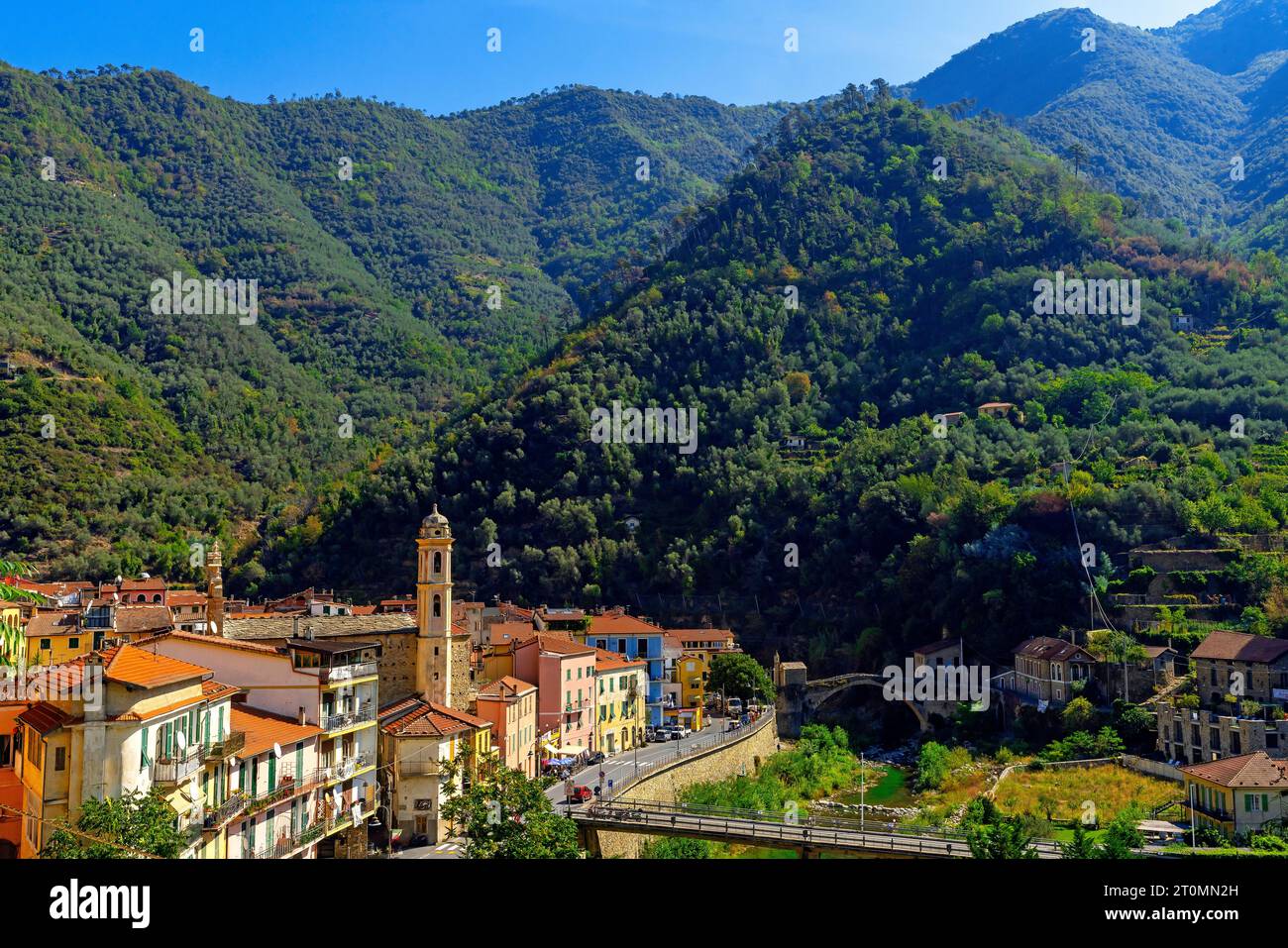 Elevated panoramic view of small Ligurian town Badalucco located by Argentina river. Stock Photo
