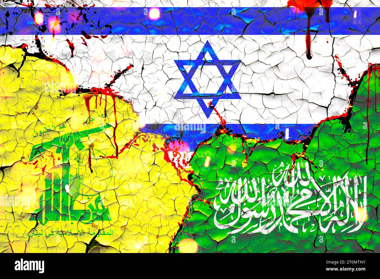 israel, hezbollah and hamas flags. painted over cracked concrete wall. Stock Photo