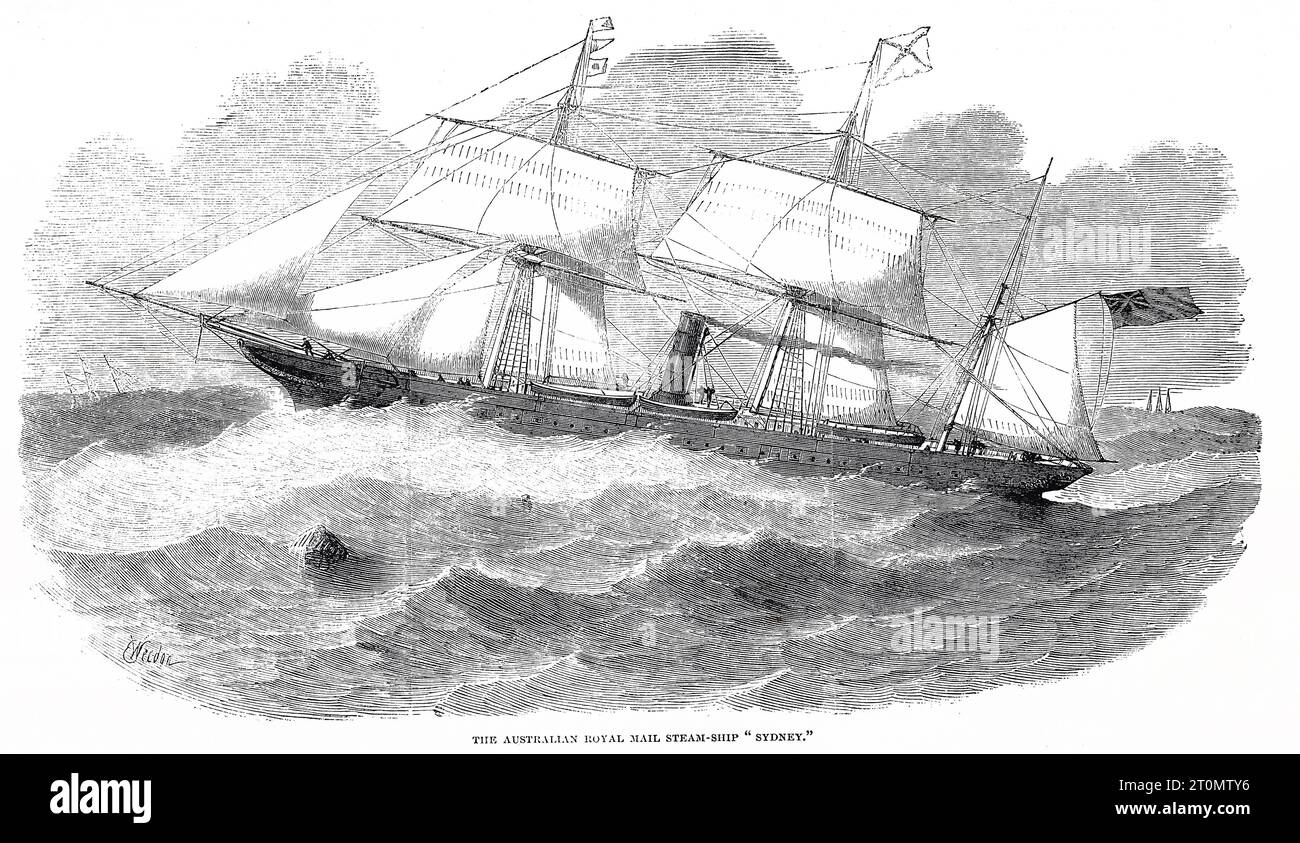 The Austrailian Royal Mail Steam Ship, 'Sydney'. Black and White Illustration from the London Illustrated News; 02 April 1853. Stock Photo