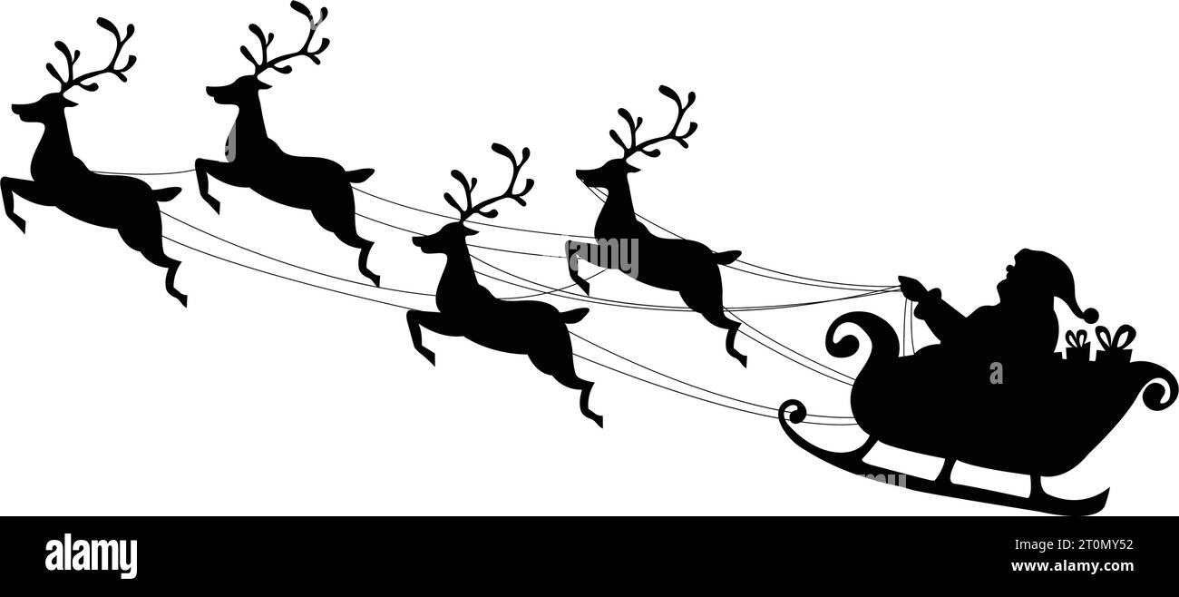 Santa Claus flying with reindeer sleigh Black Silhouette Symbol of Christmas Stock Vector