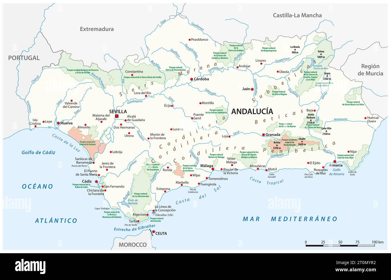 Map of the National and Natural Parks in Andalusia in Spanish language Stock Photo