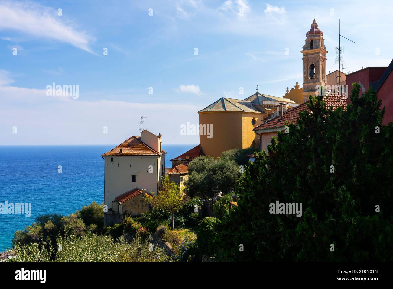 Cervo  is a small and ancient town located on top of a hill with elevated view of Mediterranean sea in the province of Imperia, Liguria, Italy.  Cervo Stock Photo
