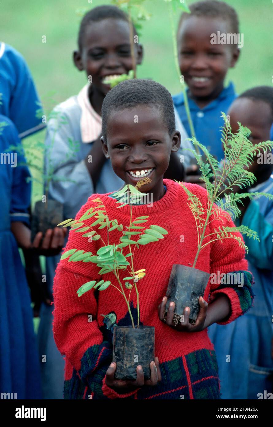 Tansania, TZA: Schueler pflanzen junge Baume in einem Aufforstungsprojekt | Tanzania: pupils planting trees in a reforestation project Stock Photo