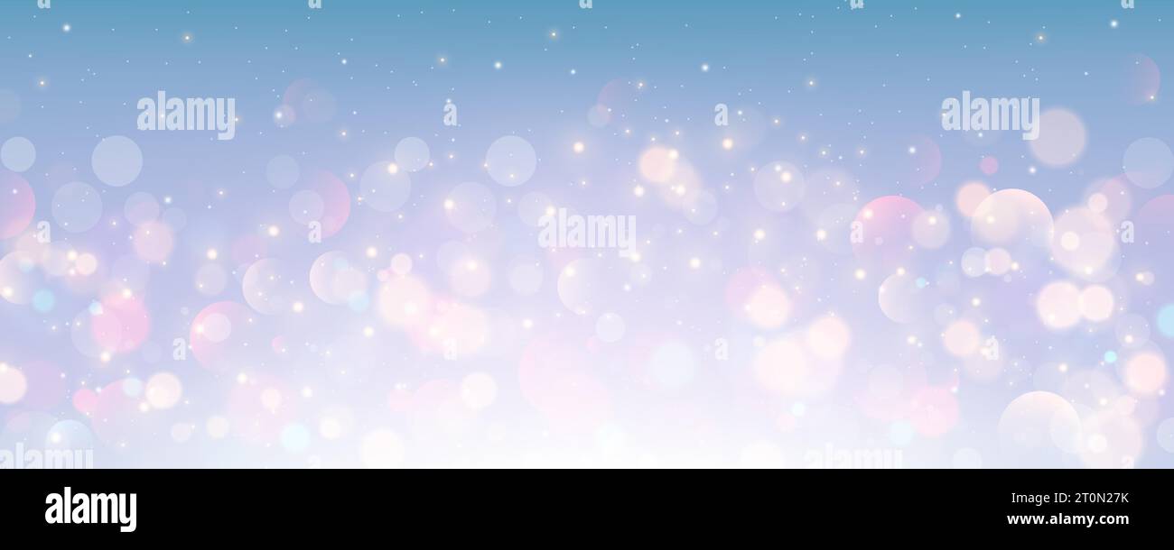 Pastel winter sky with snowflakes and bokeh. Blue light color gradient. Fantasy soft blurred wallpaper. Vector Christmas landscape. Stock Vector