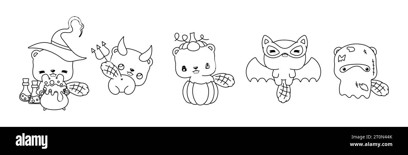 Set of Kawaii Halloween Beaver Coloring Page. Collection of Cute Vector ...
