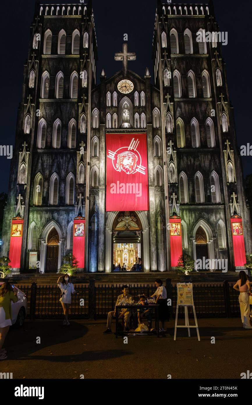 Hanoi, Vietnam. St. Joseph's Catholic Cathedral at Night. Stock Photo