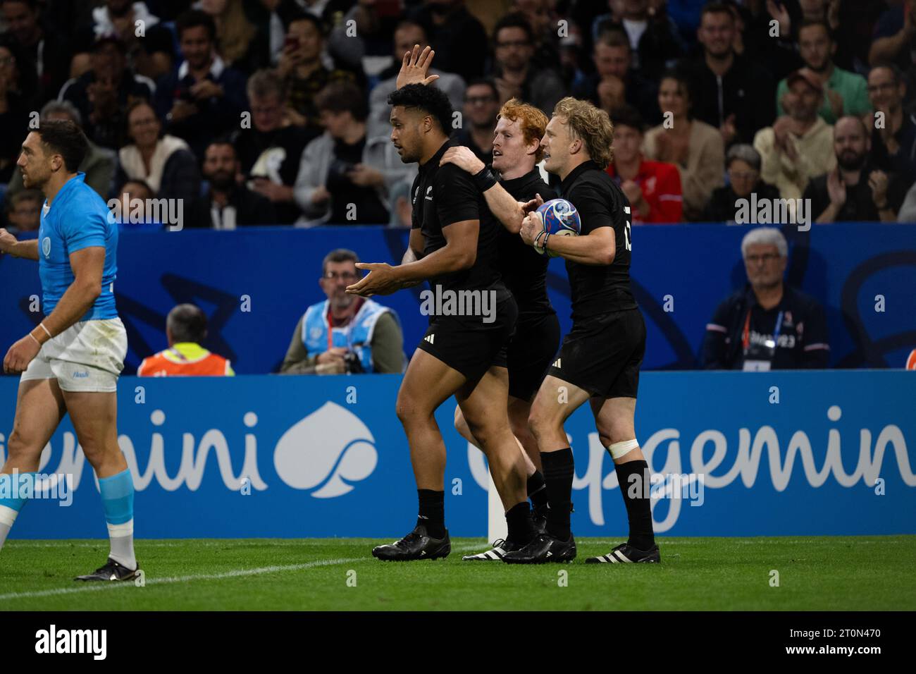 New Zealand Team Group during the 2023 Rugby World Cup Pool A match between New Zealand and Uruguay at the OL Stadium in Lyon, France on October 5, 2023.(Photo by Yuka Shiga / AFLO) Stock Photo