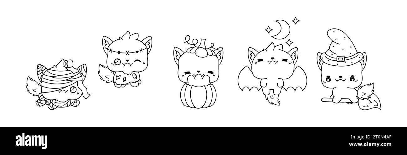 Collection of Vector Halloween Wolf Outline. Set of Isolated Halloween Forest Animal Coloring ...