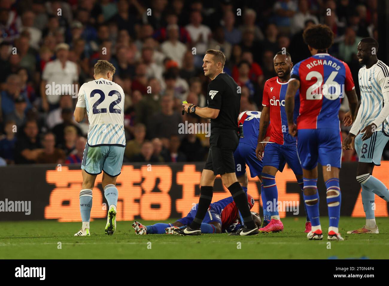 London, UK. 07th Oct, 2023. Ryan Yates of Nottingham Forest is given a yellow card by Referee Craig Pawson during the Premier League match between Crystal Palace and Nottingham Forest at Selhurst Park, London, England on 7 October 2023. Photo by Ken Sparks. Editorial use only, license required for commercial use. No use in betting, games or a single club/league/player publications. Credit: UK Sports Pics Ltd/Alamy Live News Stock Photo