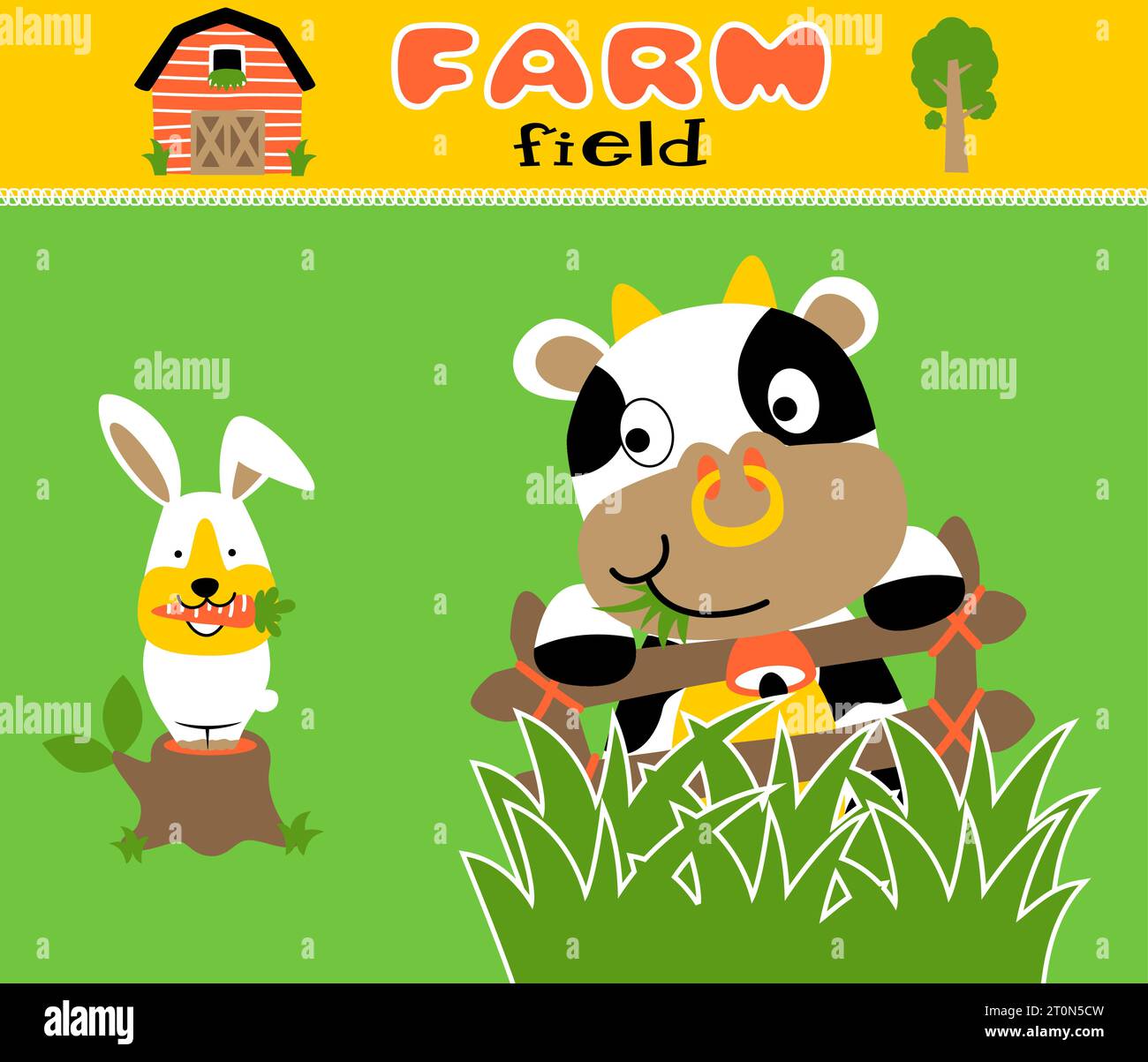 Funny farm animals, cow on fence with rabbit on tree stump, vector