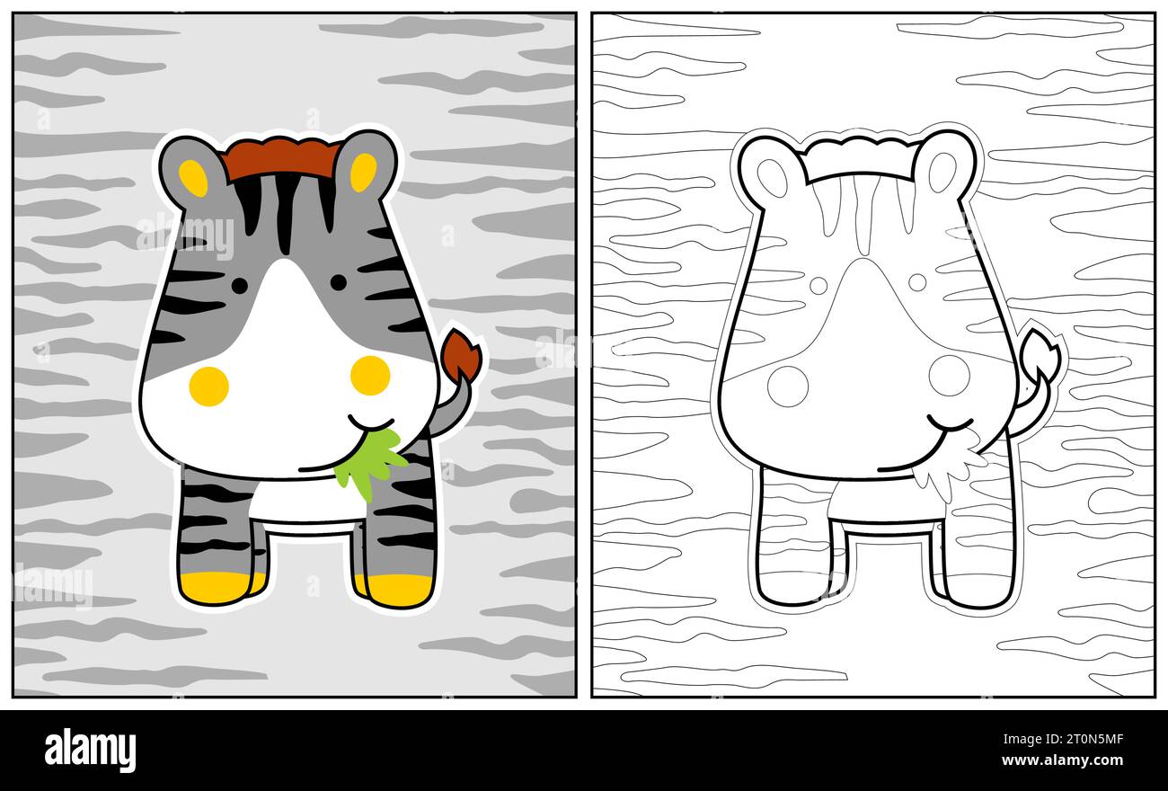 Cute zebra eating grass, vector cartoon illustration, coloring page or