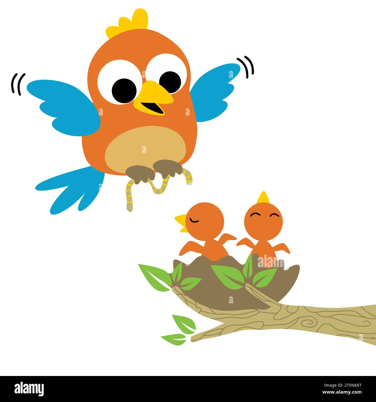 Happy bird family, mother bird carrying worm for it baby on nest, vector cartoon illustration Stock Vector