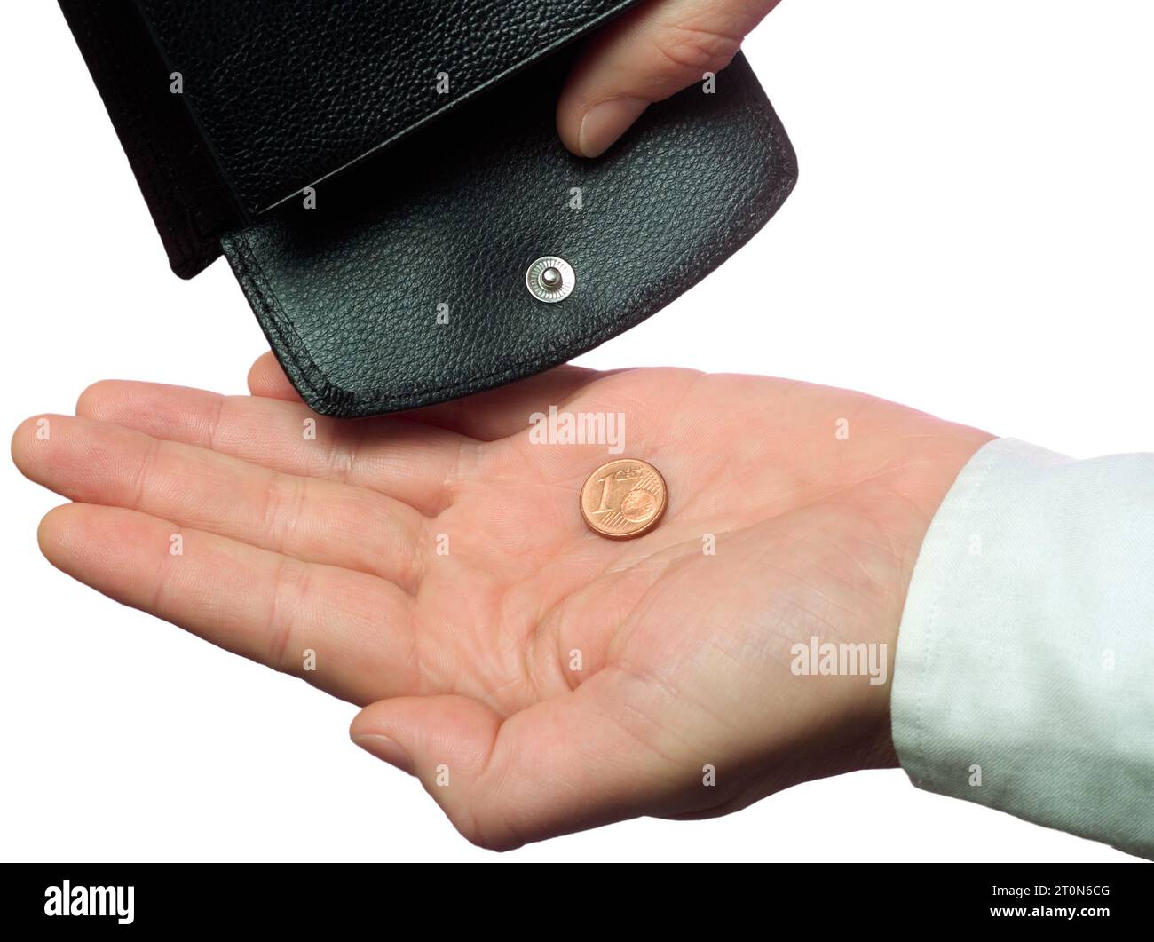 Financial distress, hand holds the last penny from the wallet Stock Photo