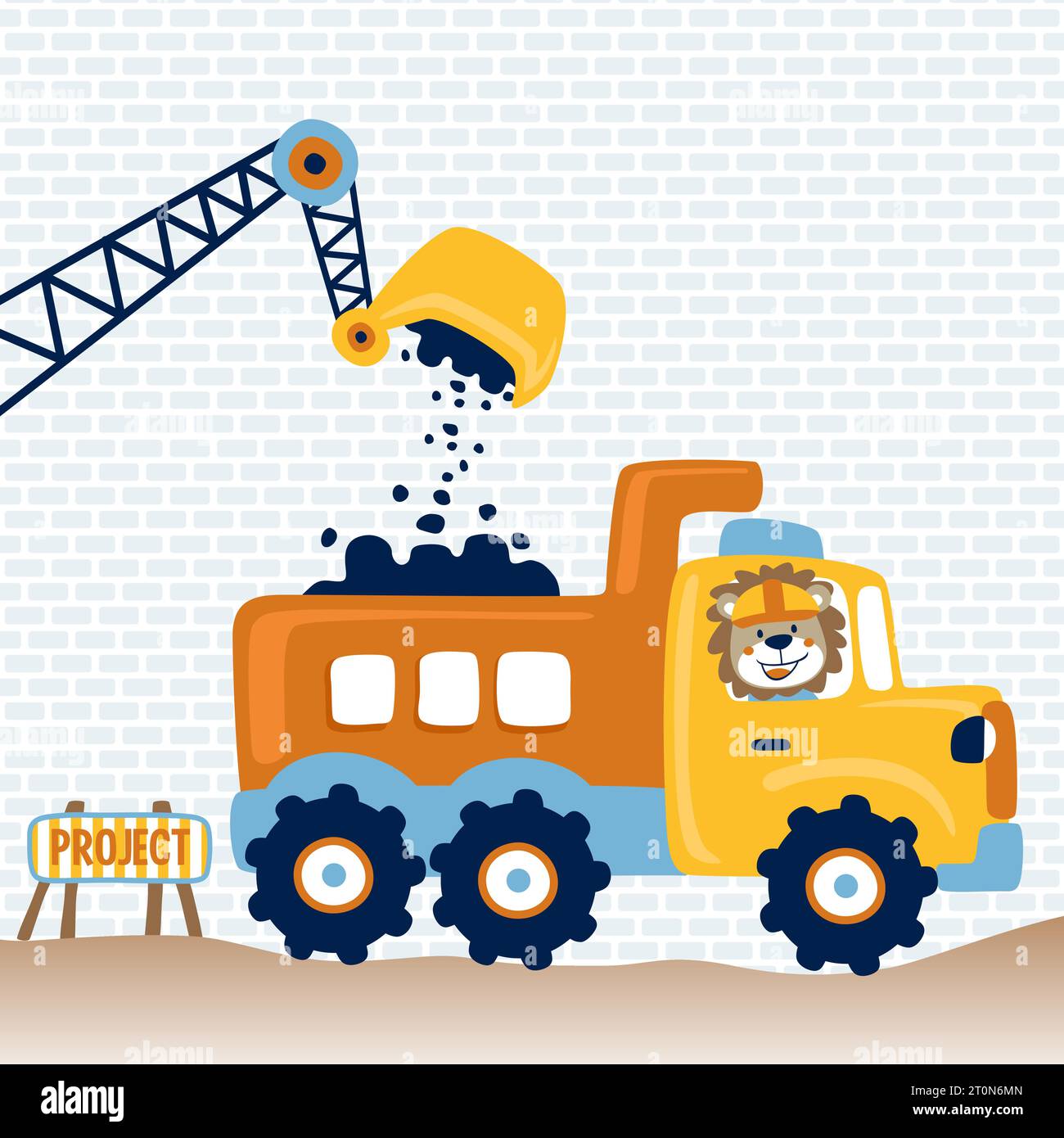 Cute lion driving dump truck with construction element on bricks wall background, vector cartoon illustration Stock Vector