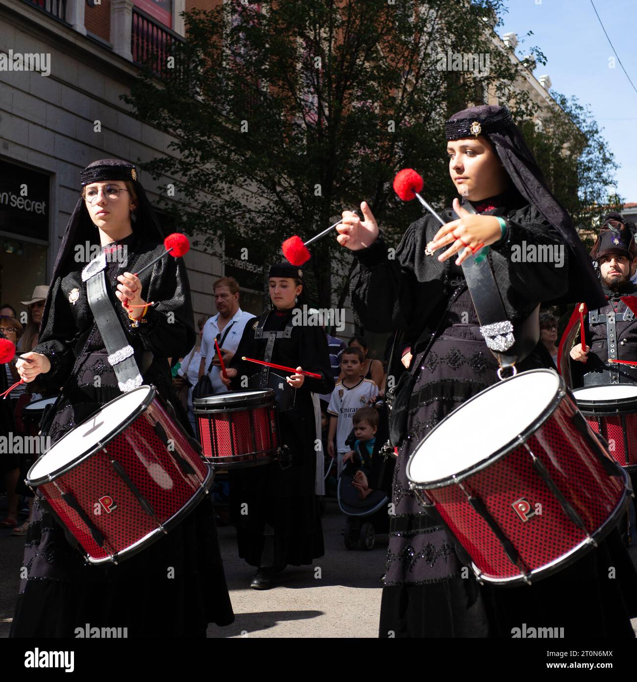 Musicians from the Real Banda de Gaitas perform during the HISPANIDAD 2023 festival at Puerta