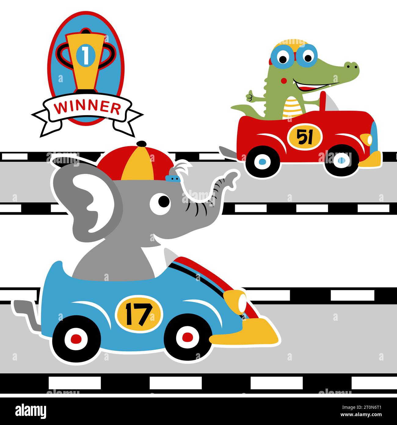 Cute elephant with crocodile in racing car, vector cartoon illustration ...