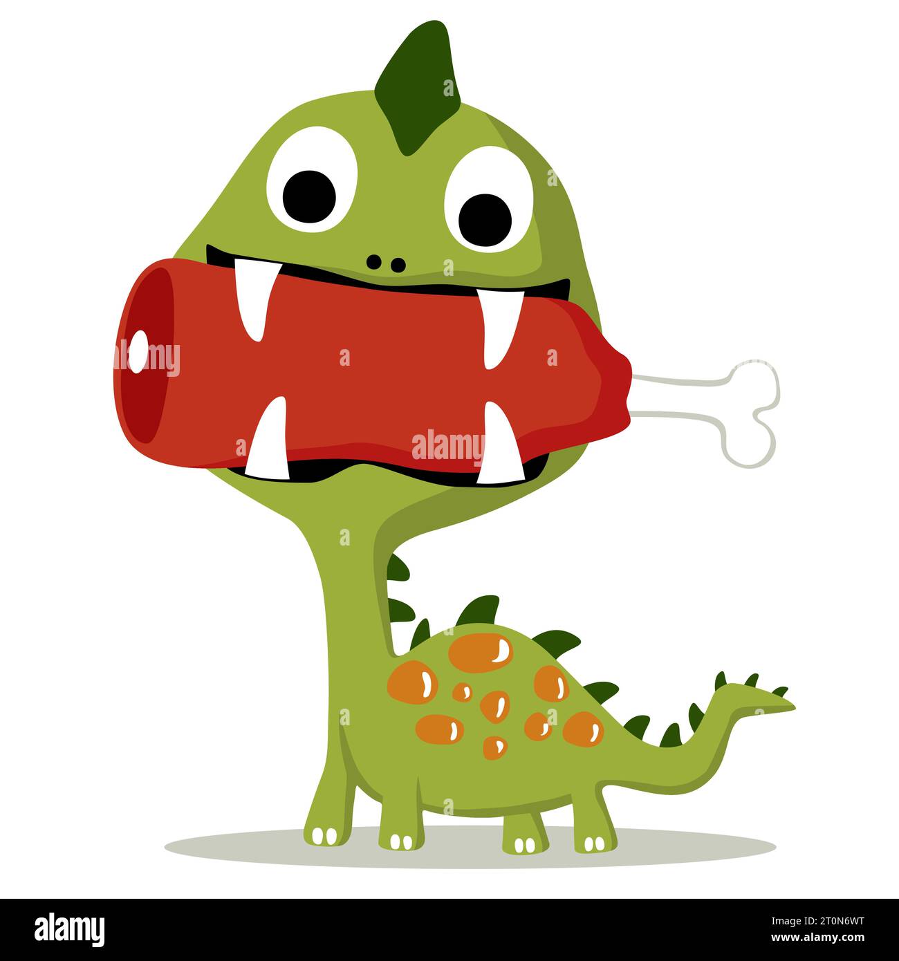 Funny dinosaur with meat in it mouth, vector cartoon illustration Stock Vector
