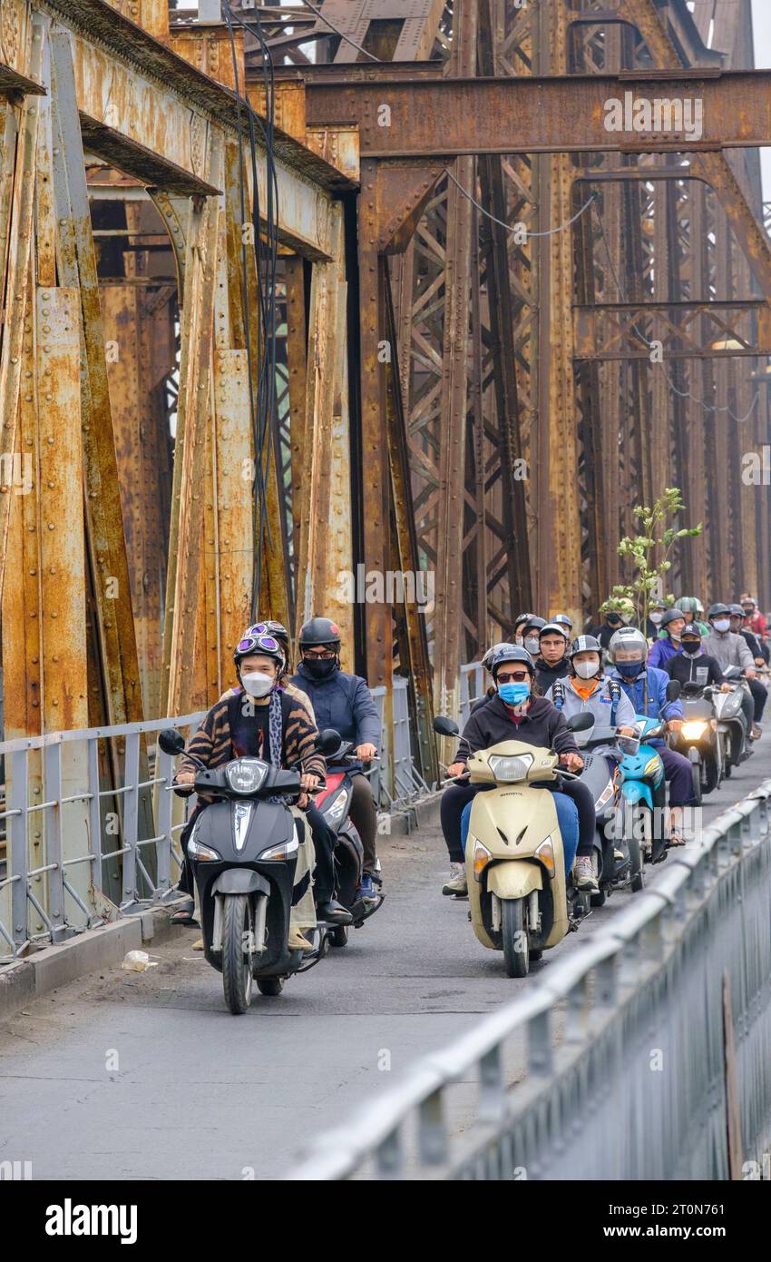 Hanoi, Vietnam. Long Bien Bridge Traffic. Stock Photo