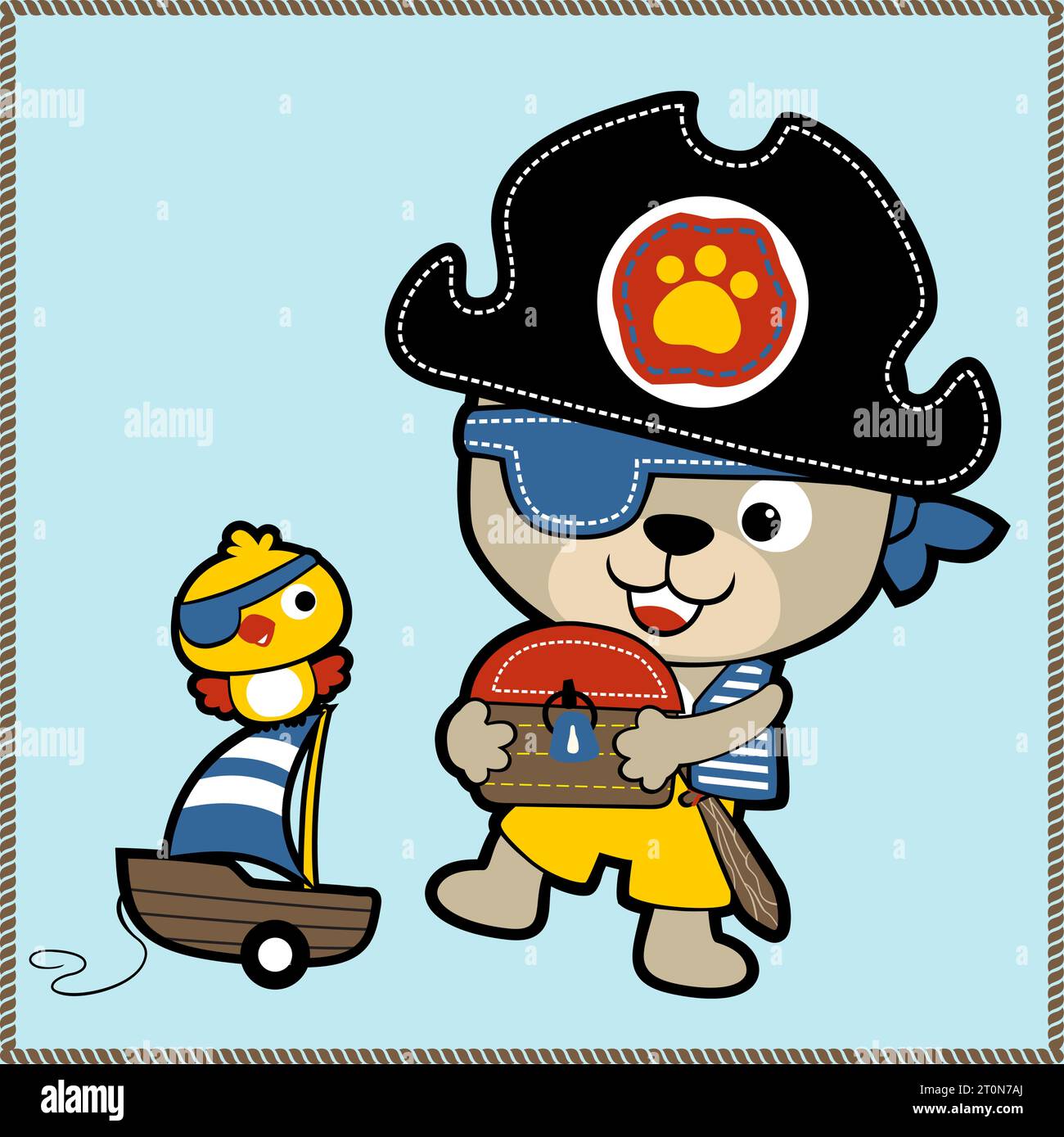 vector cartoon of funny bear in pirate costume carrying treasure chest, little bird on sailboat toy Stock Vector
