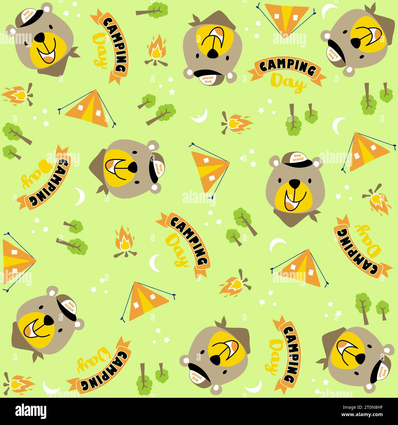 Vector cartoon seamless pattern of cute bear with camping elements Stock Vector