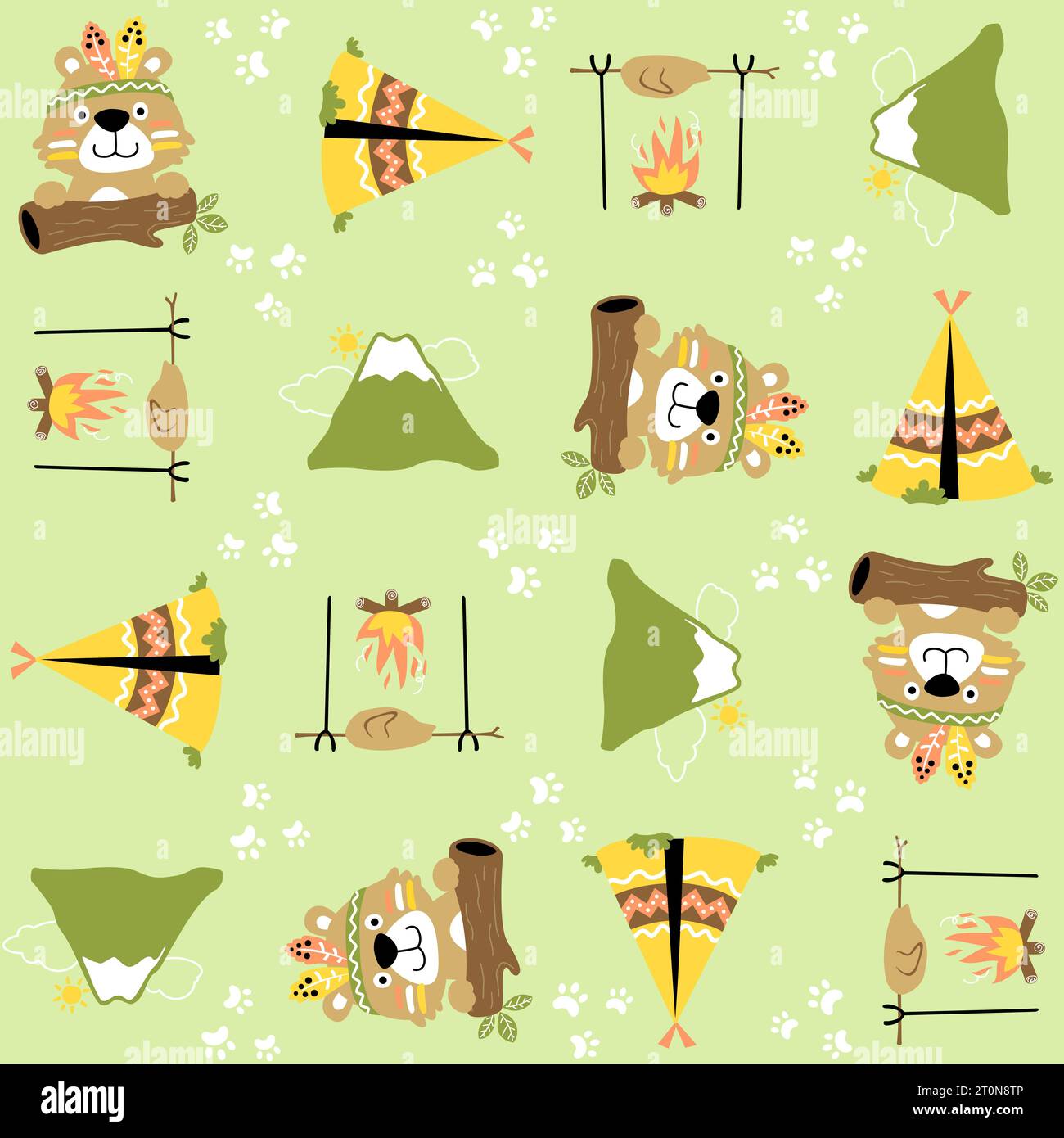 Vector cartoon seamless pattern with cute bear wearing feather headdress. Indian tribe elements Stock Vector