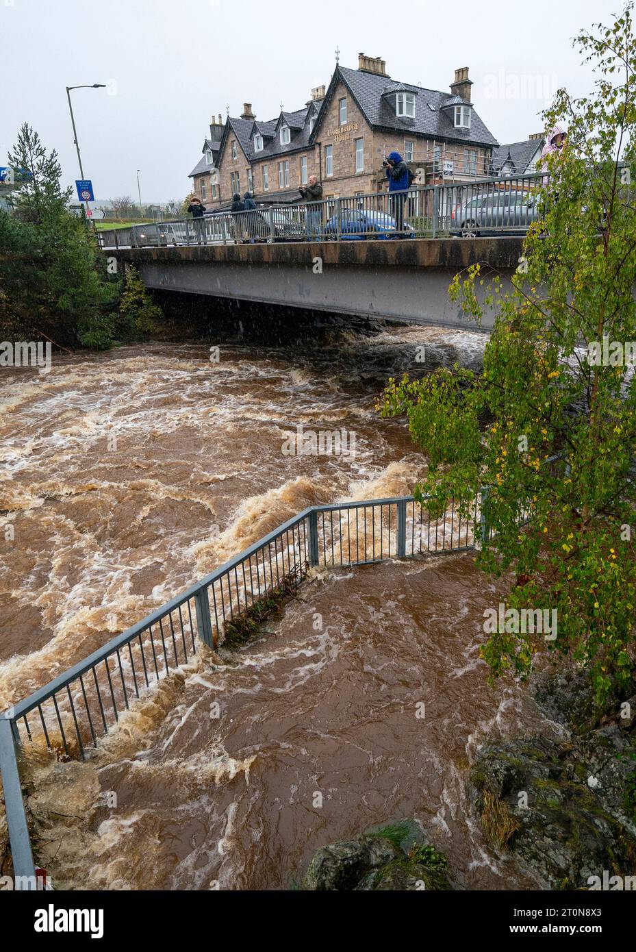 High water levels of the River Dulnain at Carrbridge near Aviemore