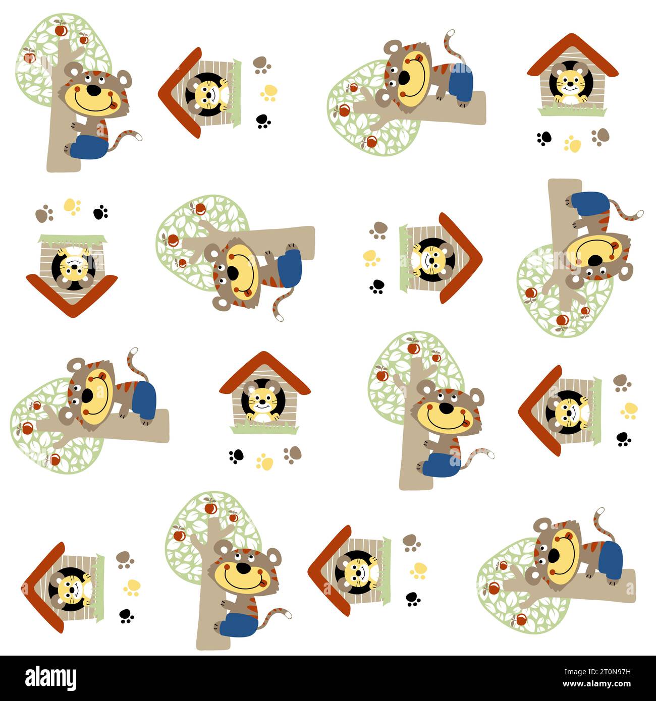 Vector cartoon seamless pattern of funny cat climbing a tree with mouse