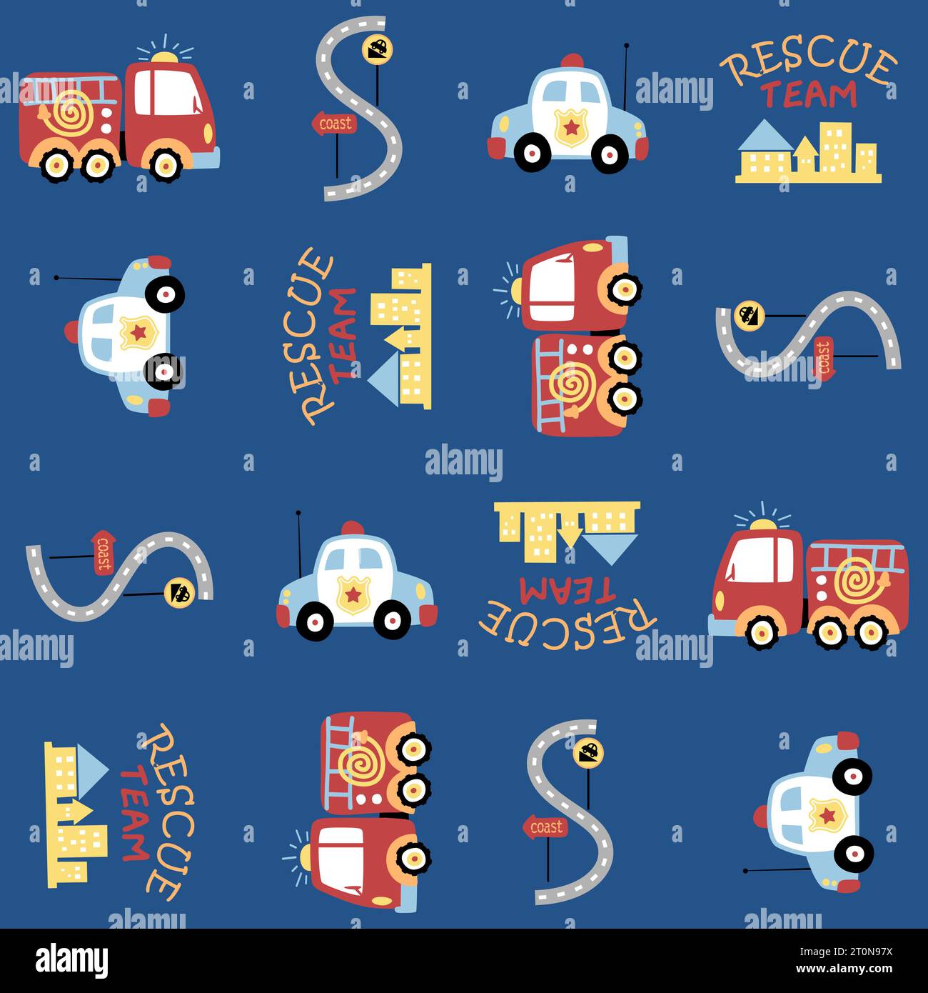 Vector cartoon seamless pattern of rescue team vehicles with traffic elements Stock Vector