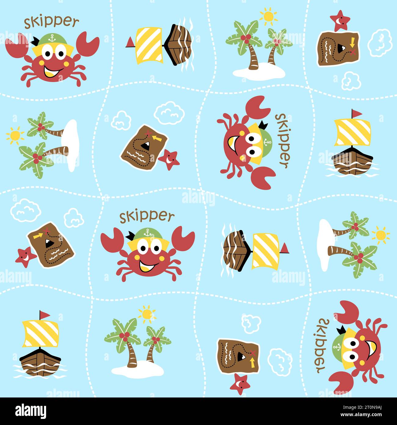 vector cartoon seamless pattern of cute  funny crab with nautical elements Stock Vector