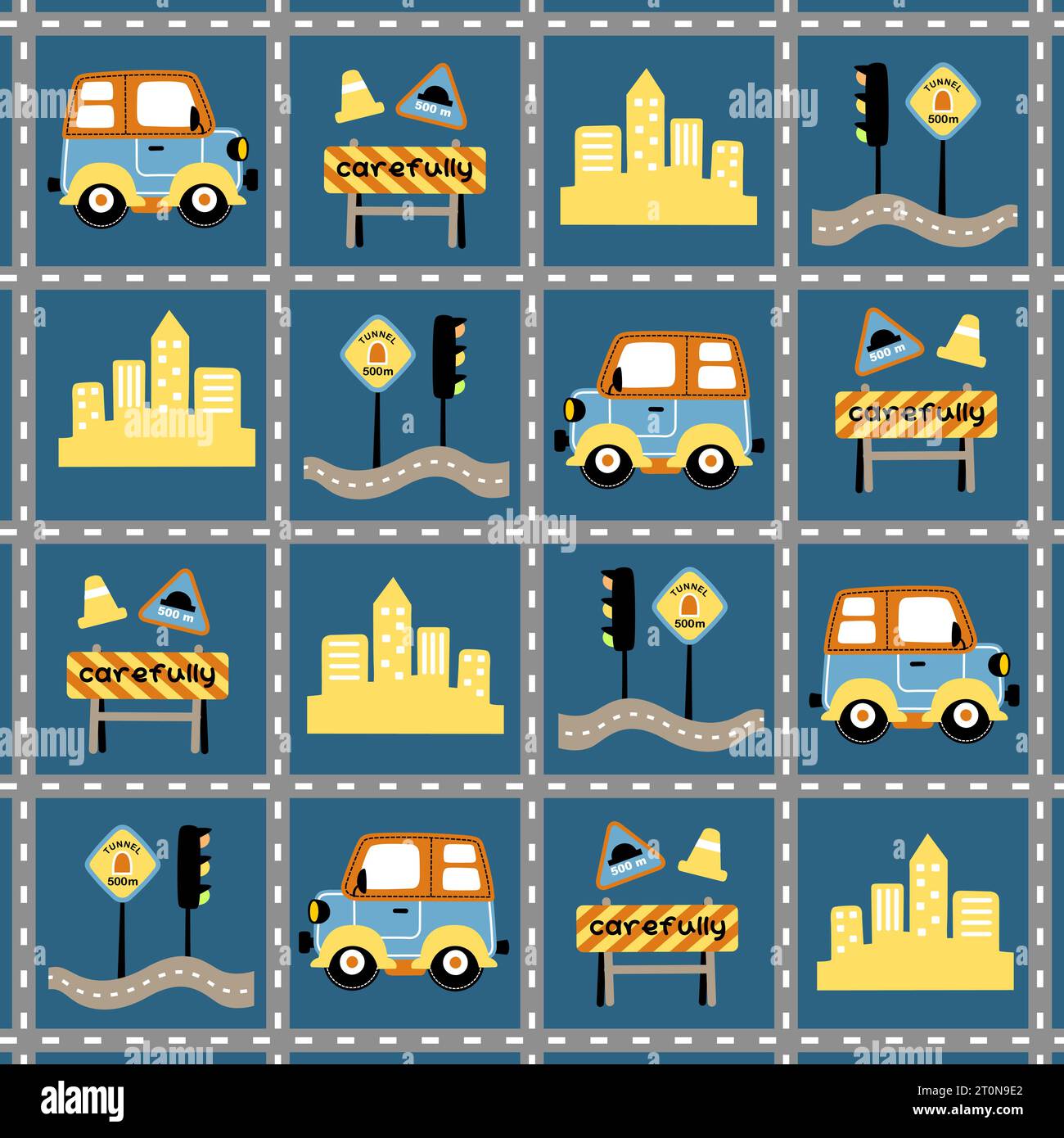 vector cartoon seamless pattern, city traffic elements Stock Vector