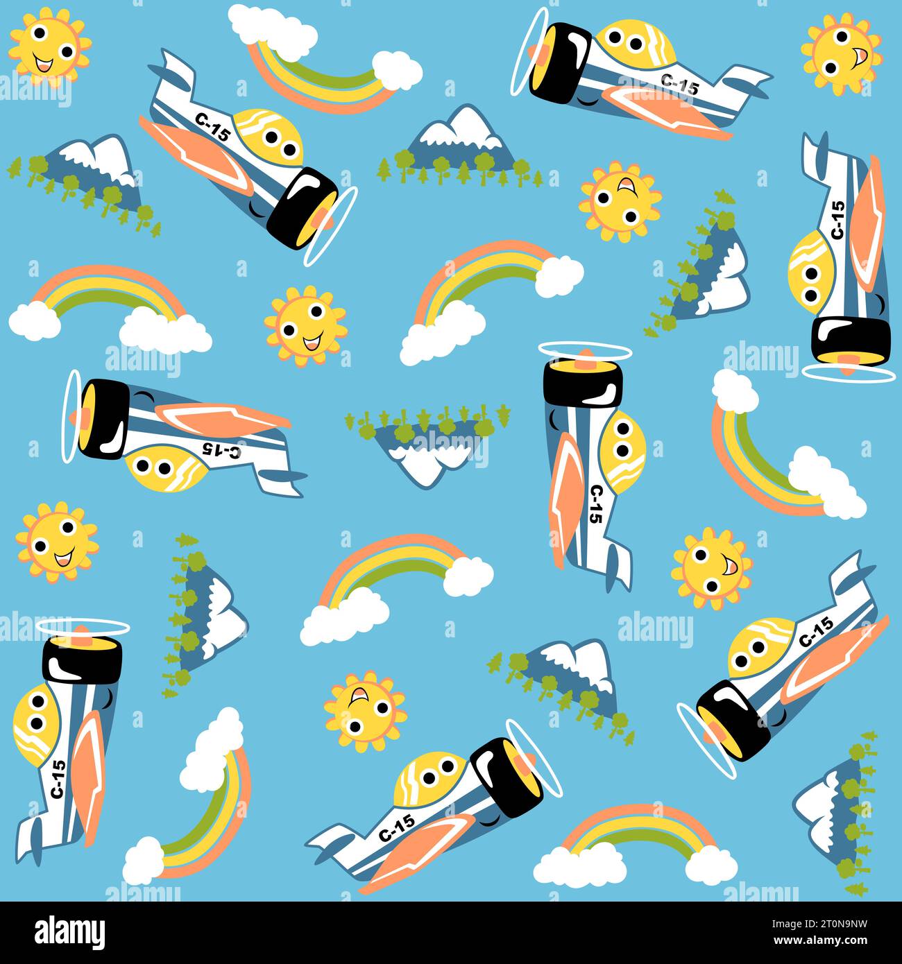 vector cartoon seamless pattern of cute airplane with sky objects and mountains Stock Vector
