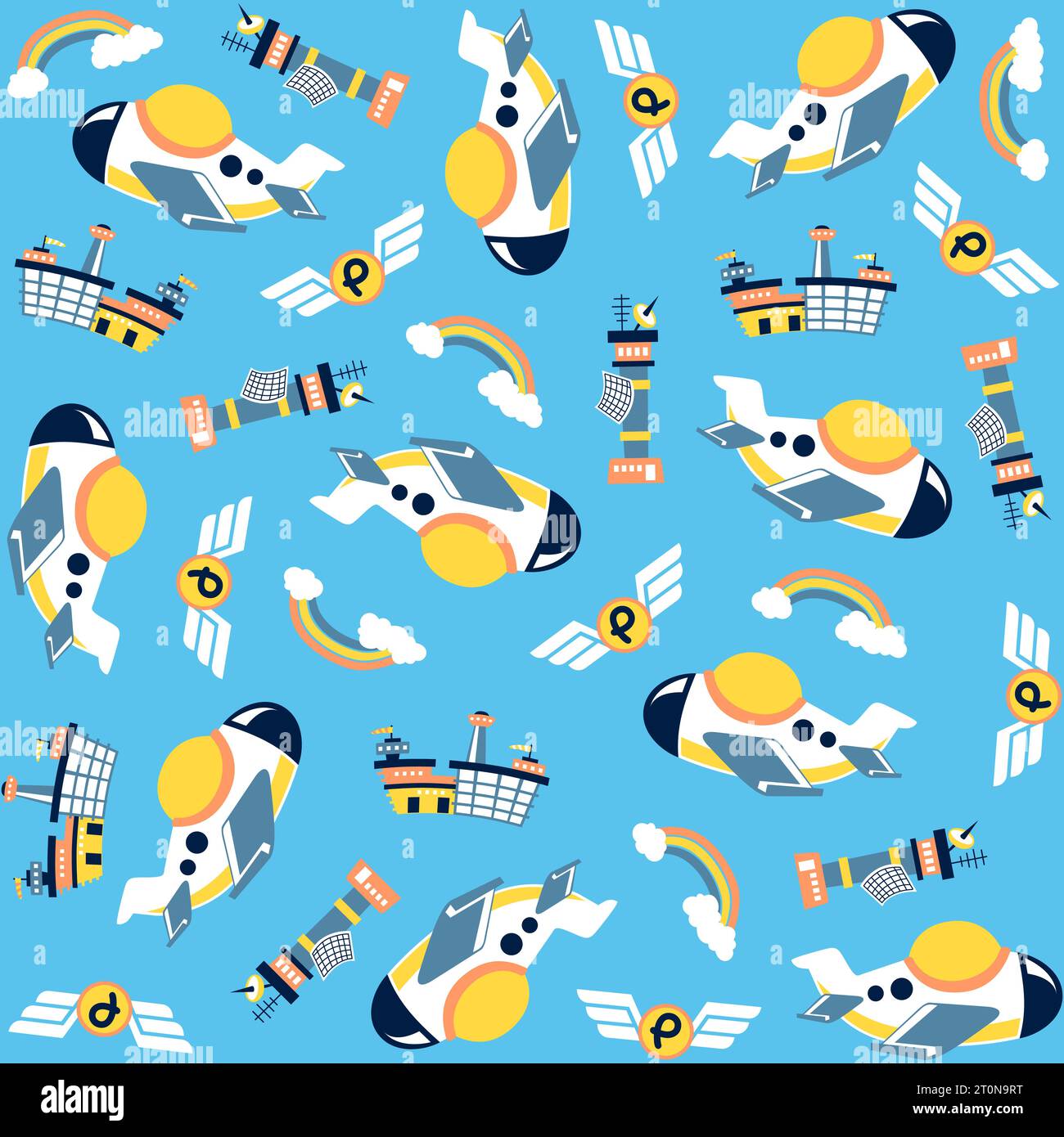 Vector cartoon seamless pattern of airplane with air transport elements Stock Vector