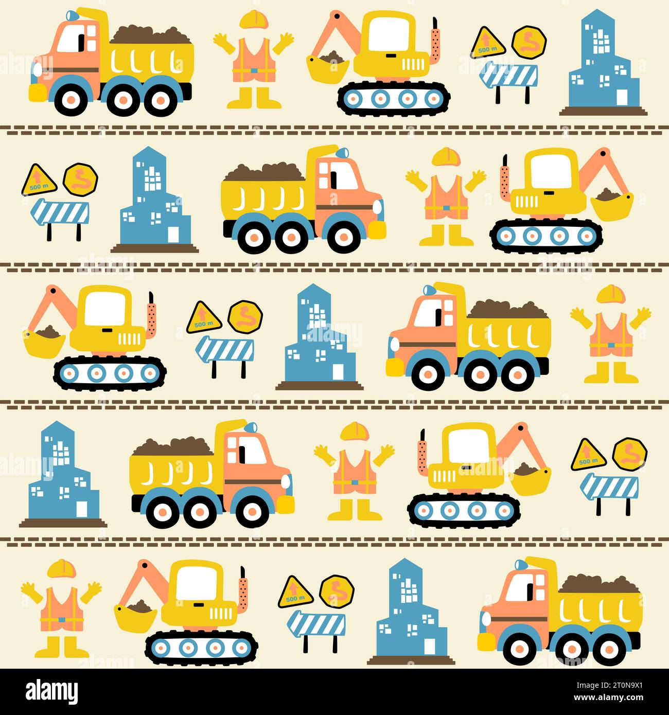 vector cartoon seamless pattern of construction vehicles with construction elements Stock Vector