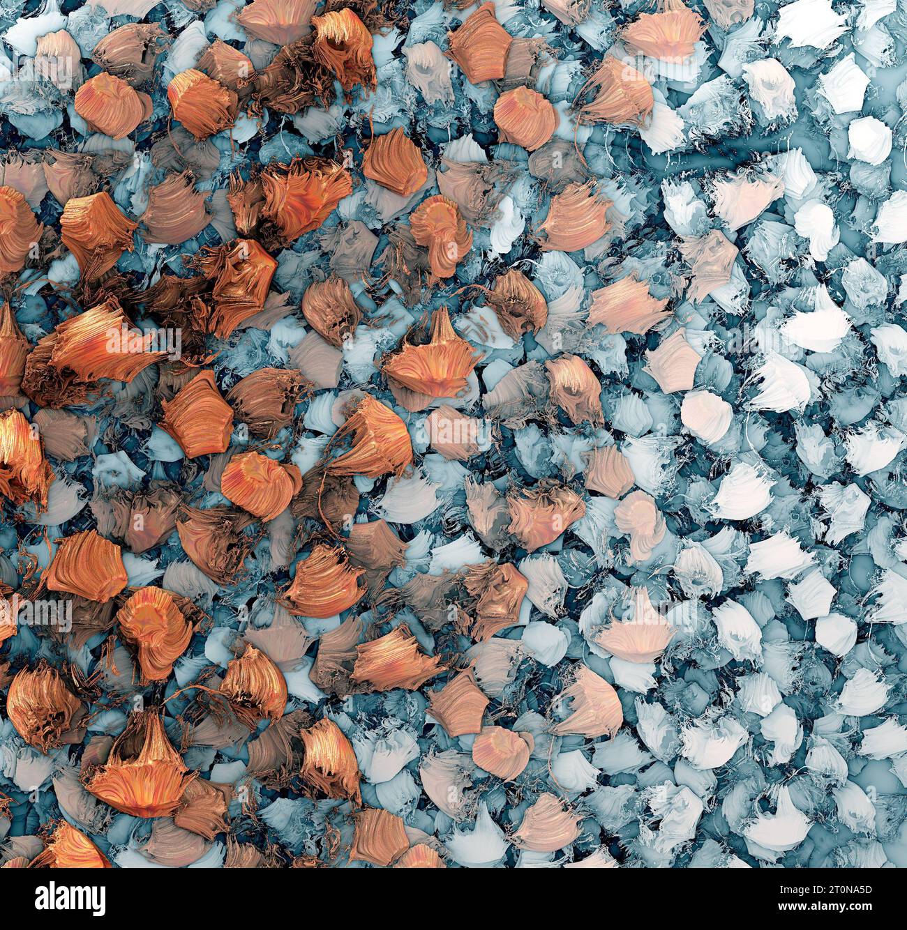 Abstract orange, blue and white 3D objects in a blue background. 3d illustration, 3d rendering Stock Photo