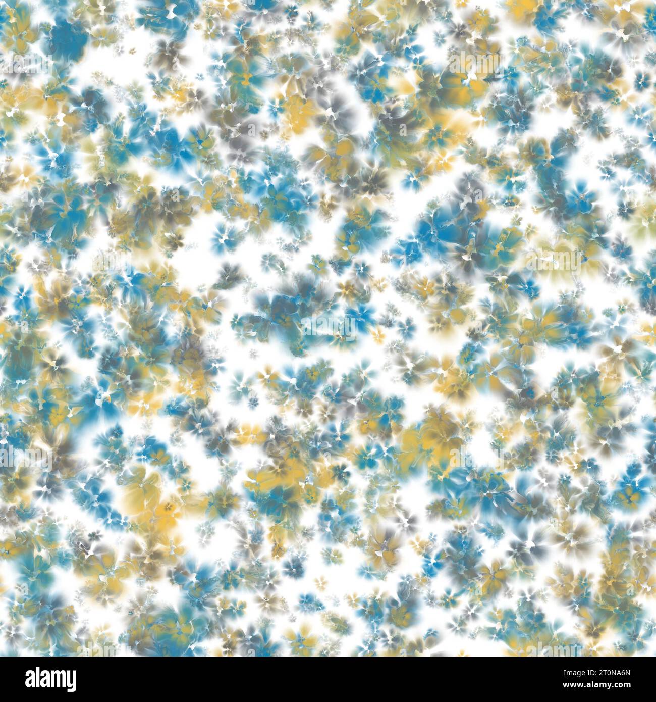 Blue, yellow and grey flowers with liquid texture. Seamless background. Stock Photo
