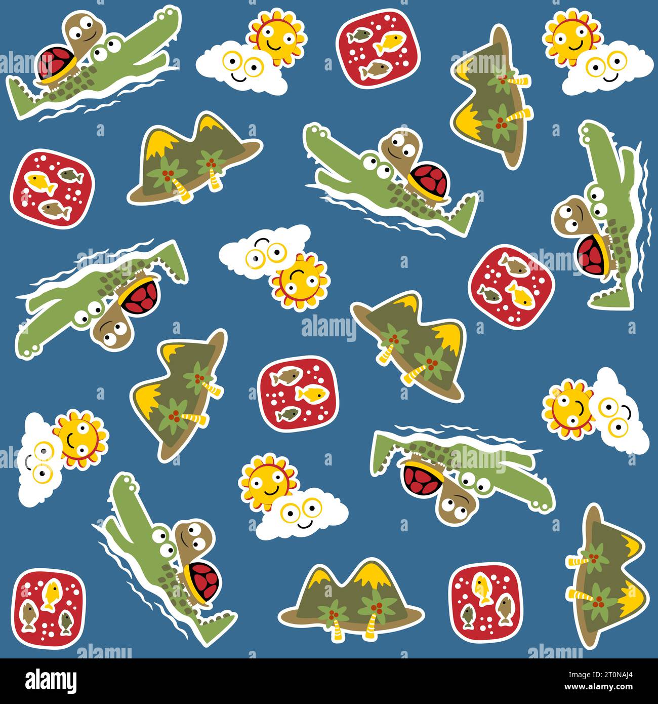 Vector cartoon seamless pattern of cute turtle ride on crocodile with fishes, mountain with funny sky object Stock Vector