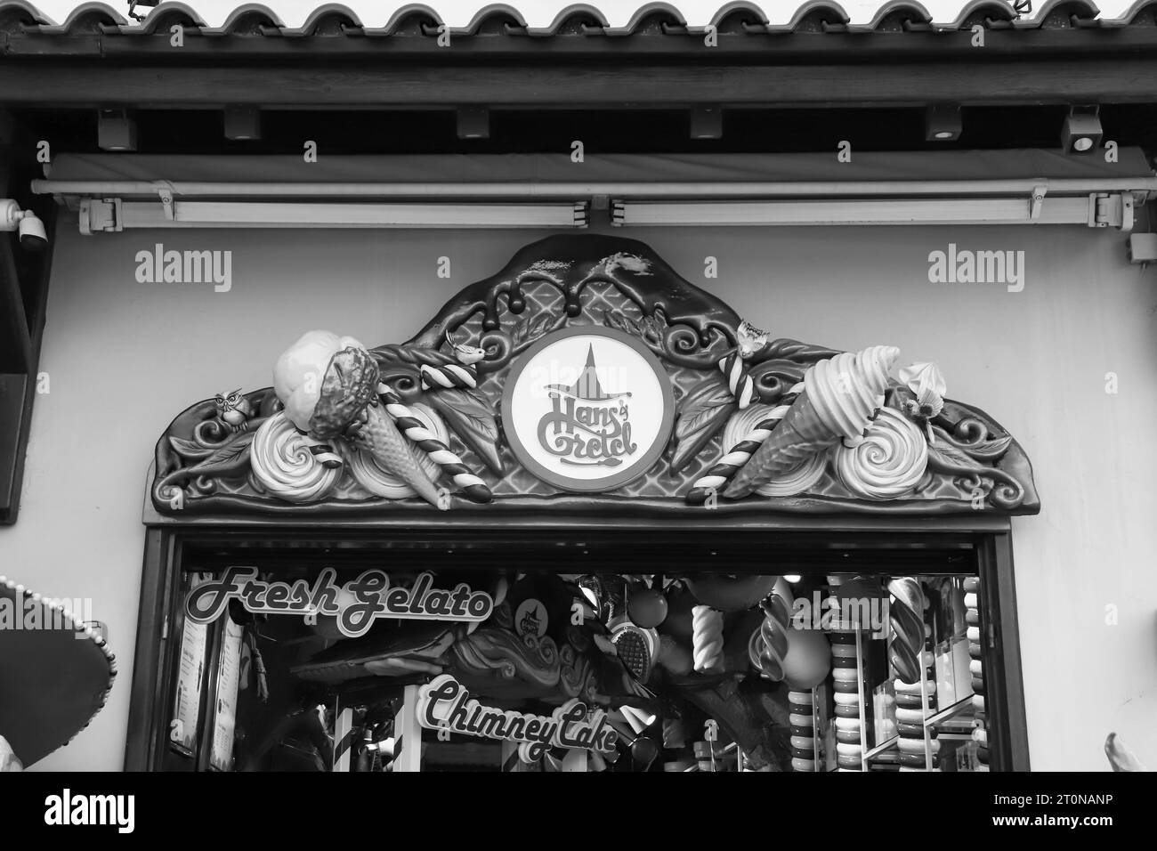 Black and white Hans and Gretel desserts sweets chain store front at ...