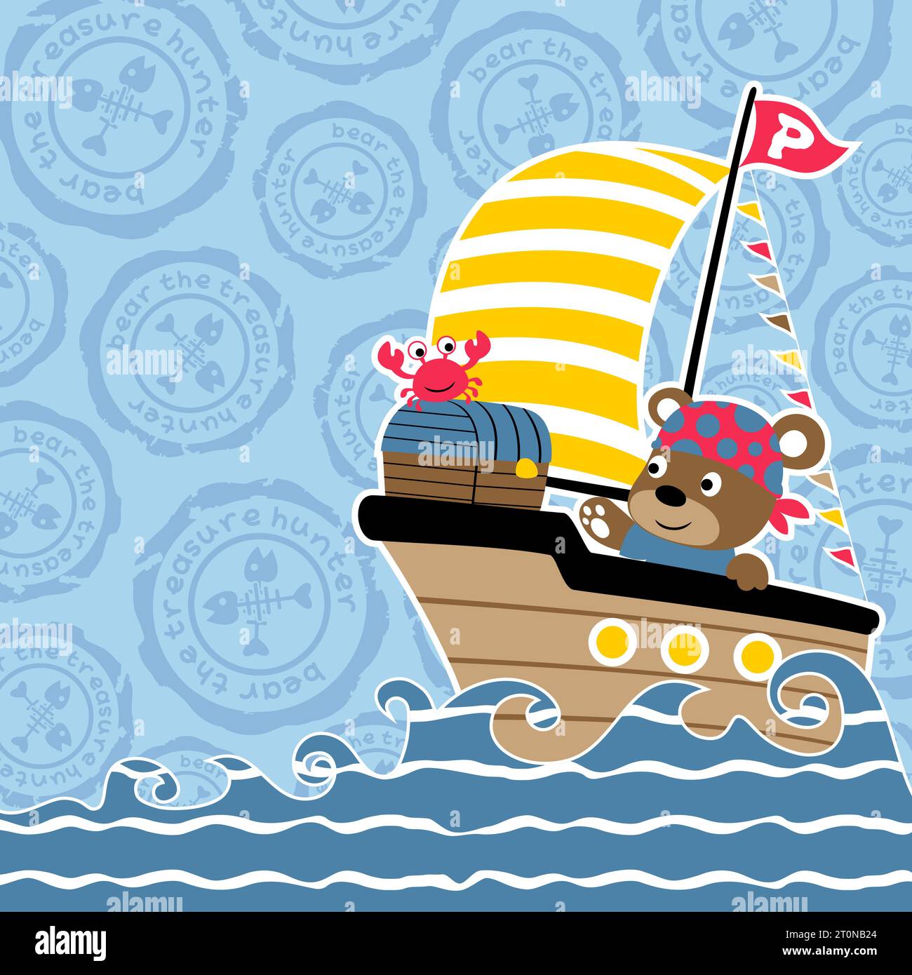 Cute bear with crab on sailboat with treasure chest, vector cartoon illustration Stock Vector