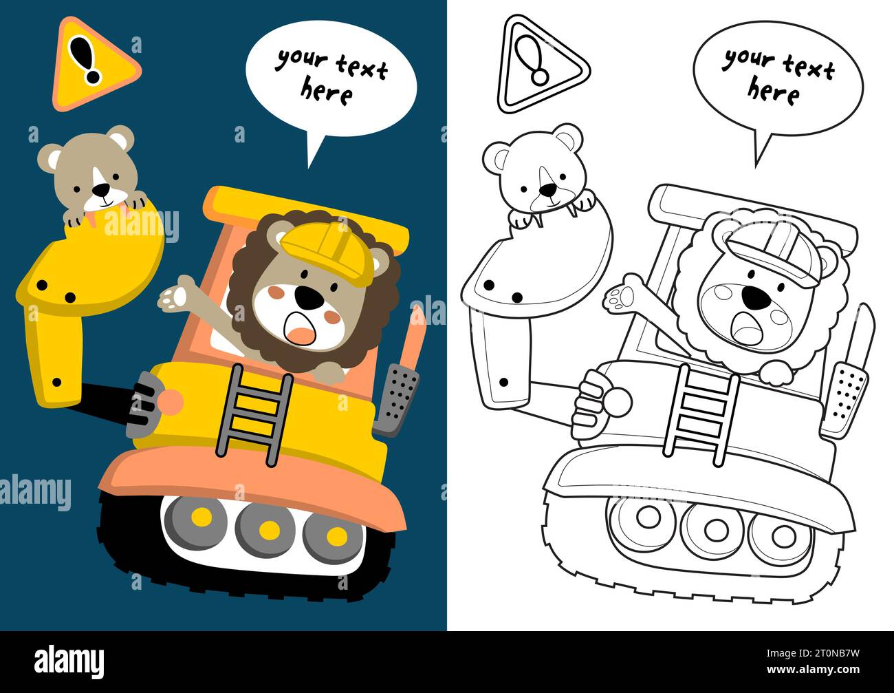 Contour Cub Vector cartoon of funny lion with it cub on construction vehicle ...