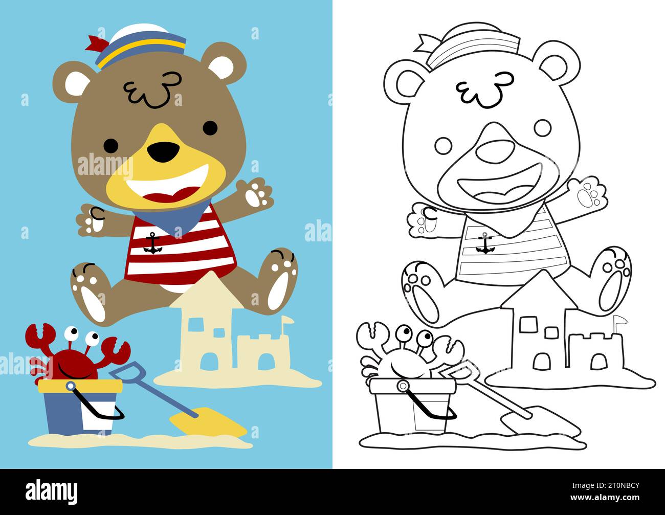 Vector cartoon of cute bear in sailor costume with crab build a sand castle. Coloring page or book Stock Vector