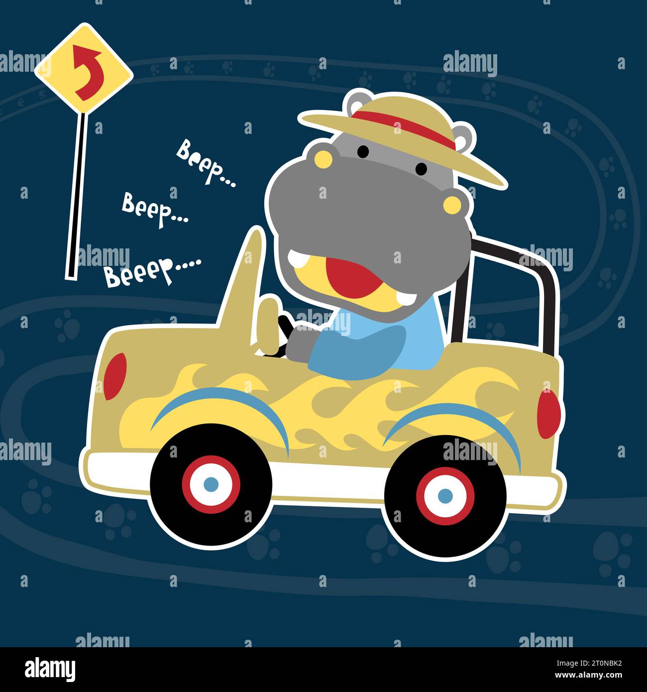Cute hippo driving car on the road with road sign, vector cartoon